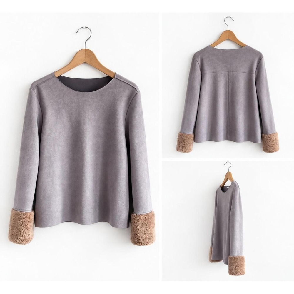 Zara Faux Suede Fur Cuff Top Gray Taupe Long Sleeve Y2K Boho Size M - Picture 3 of 6